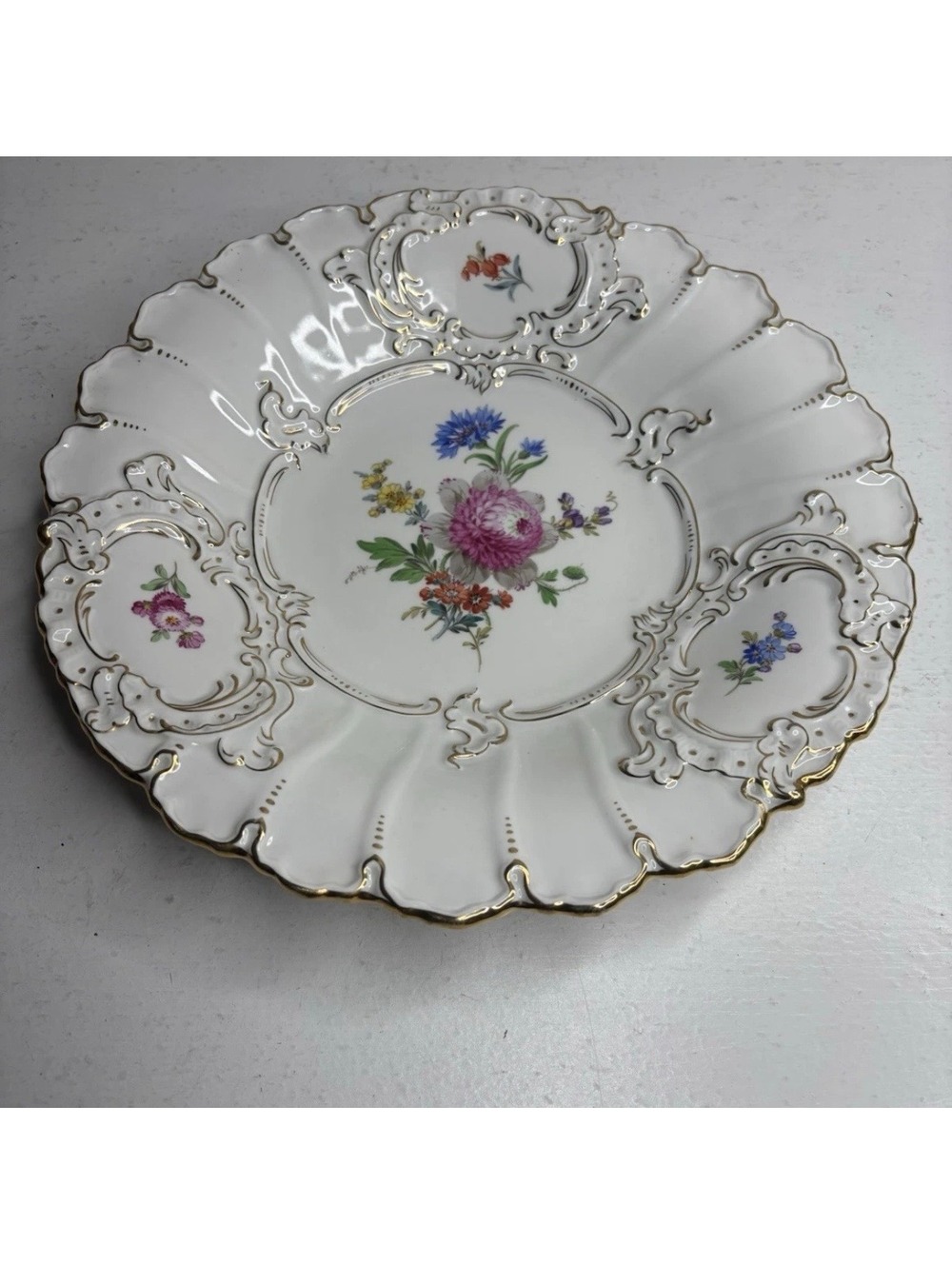 Meissen Porcelain Gold Shallow Floral Plate Charger Vintage